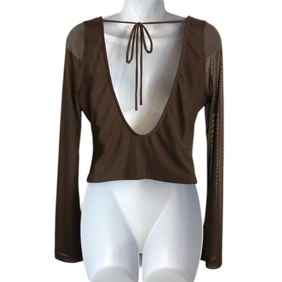 Princess Polly Women’s 10 Chocolate Brown Mesh LS Tie Back Crop Top NWOT - Picture 3 of 16